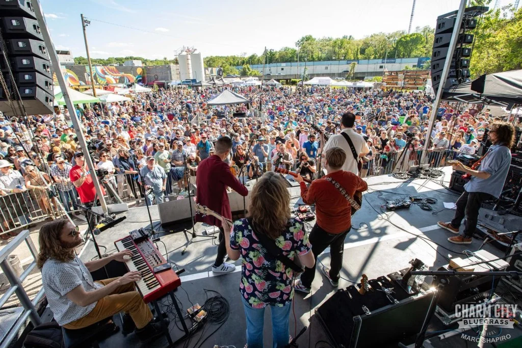 Musicians on stage at a festival