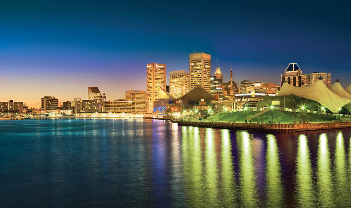 The Baltimore skyline at night.