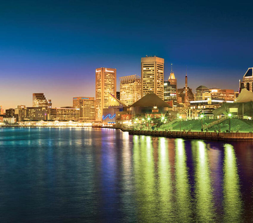 The Baltimore skyline at night.