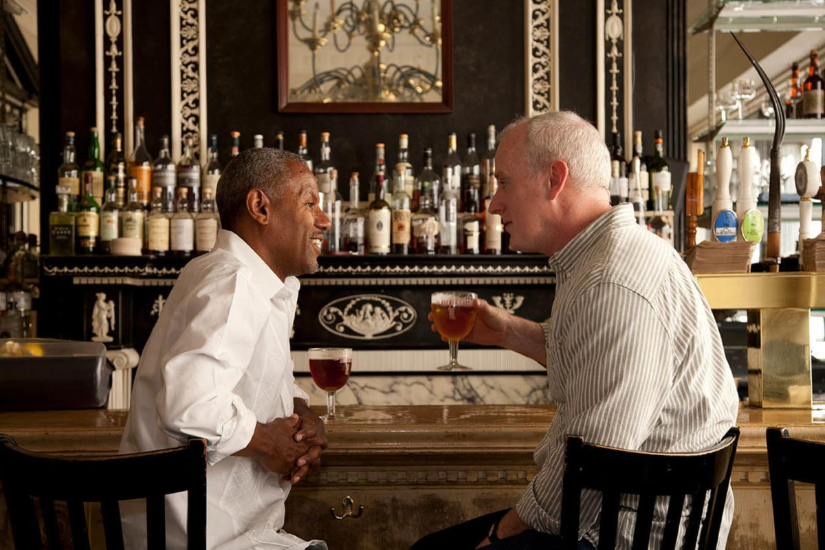 Two customers enjoy beer  at the bar of the brewers art in Baltimore.