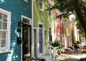 Brightly painted homes in historic Fells Point, Baltimore.