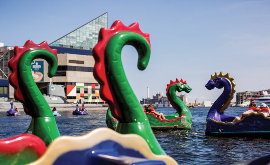 Historic homes and business facades in Fells Point, Baltimore.