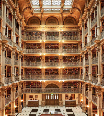 Interior from above of the Peabody Library in Baltimore.