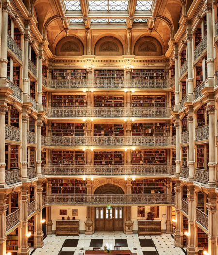 Interior from above of the Peabody Library in Baltimore.