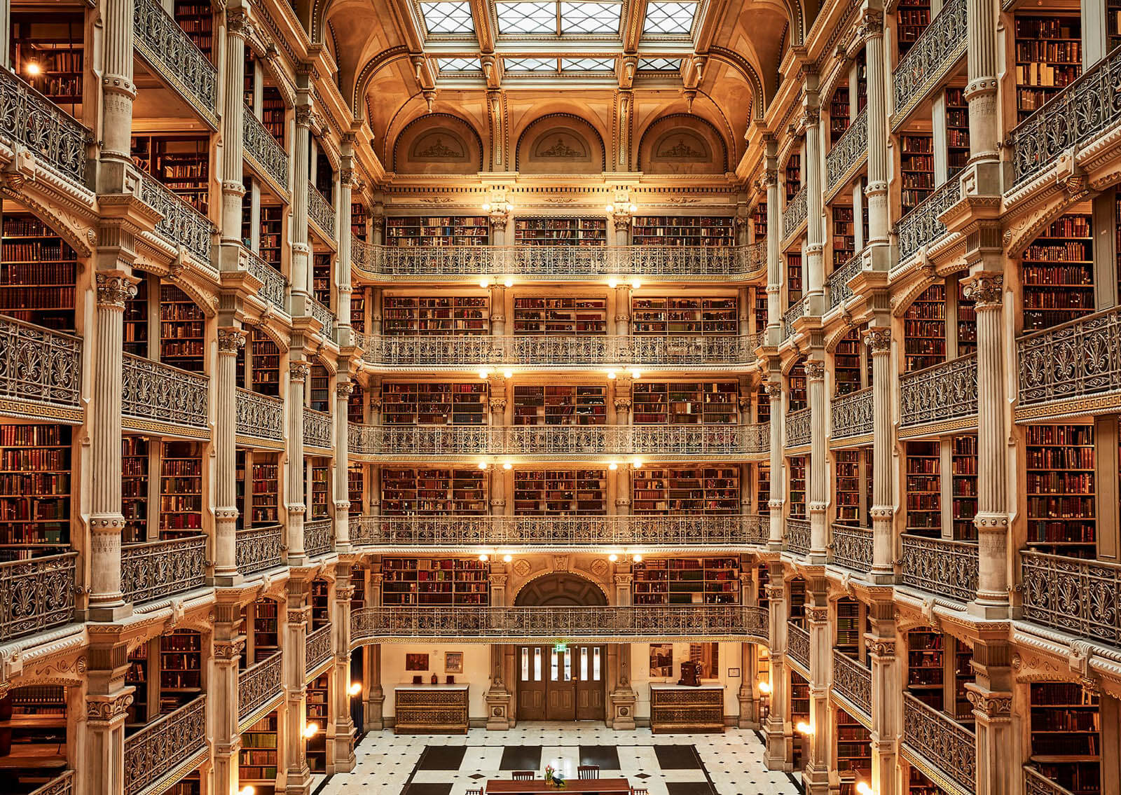 Interior from above of the Peabody Library in Baltimore.