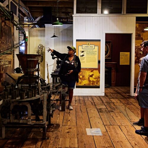 A black woman tour guide points at a sign while talking to a white man in a museum