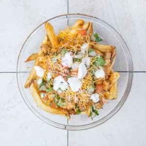 Fries topped with queso, meat and cheese