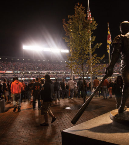A night game at Oriole Park at Camden Yards.
