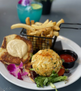Crab cake sandwich and fries