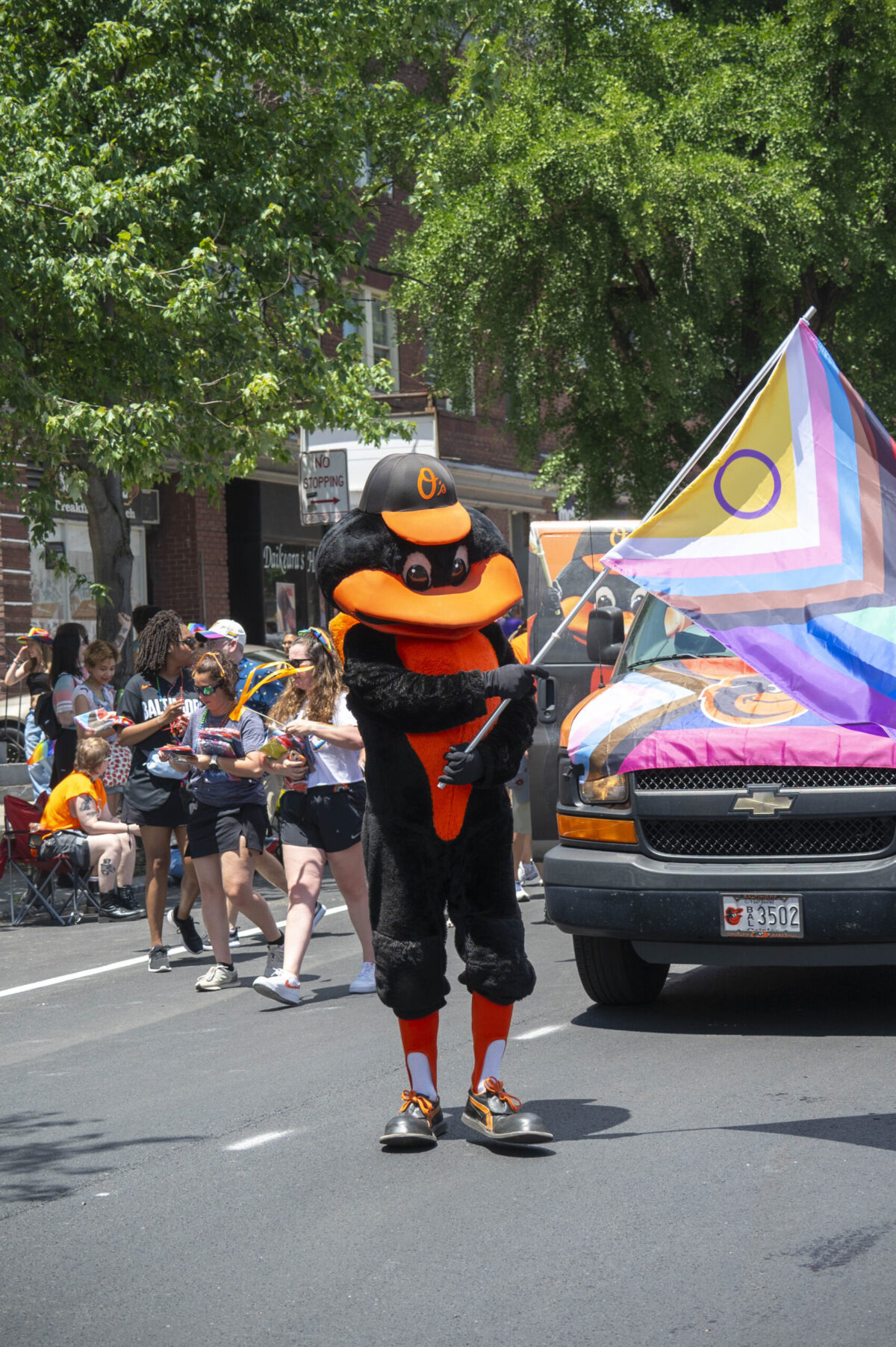 The oriole bird mascot waves a pride flag