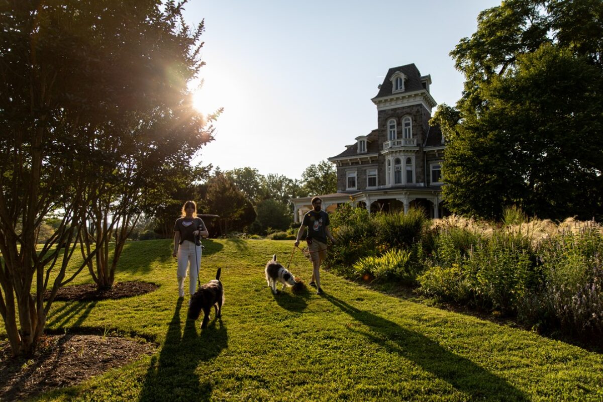 A couple walks a dog outside Cylburn Arboretum