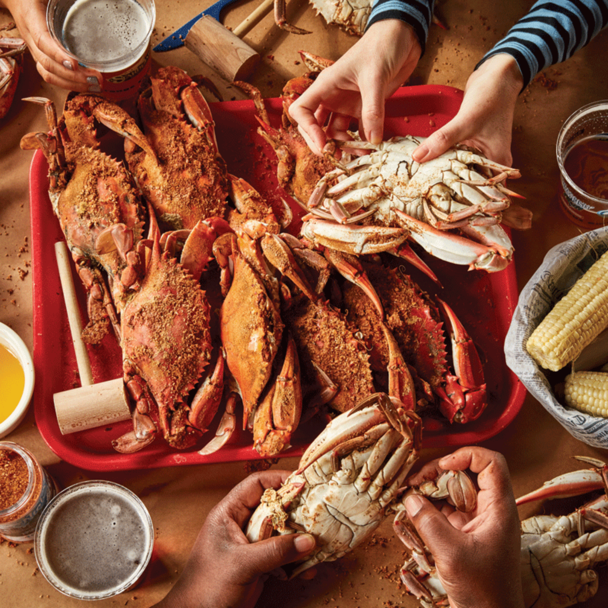 Crabs on a table from above in Baltimore at Nick's Fish House.