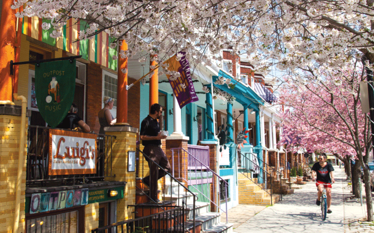 Looking down the street in the spring in Hampden, Baltimore.